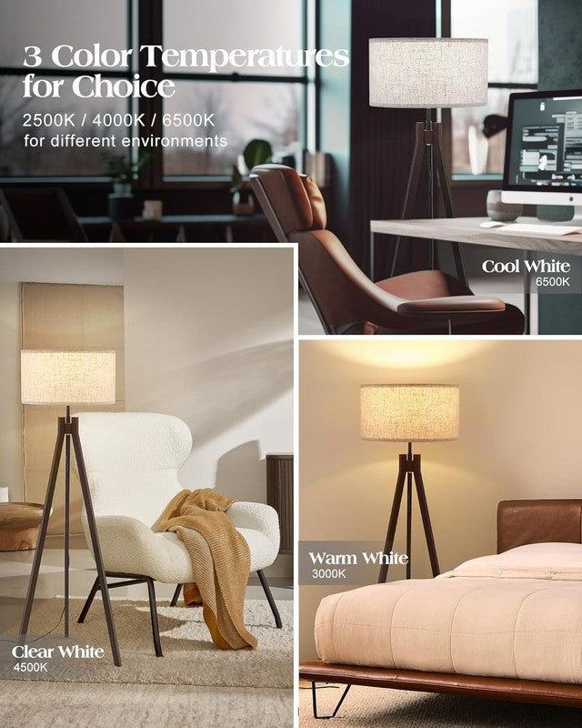 Wood Tripod Floor Lamp 3 Color LED Mid Century Reading Linen Shade Walnut1