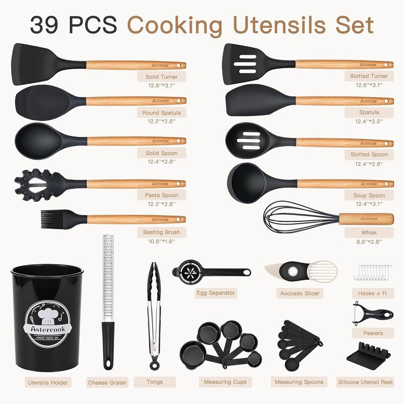 39 PCS Kitchen Utensils Set, Silicone Cooking Utensil Sets with Wooden Handle, 41