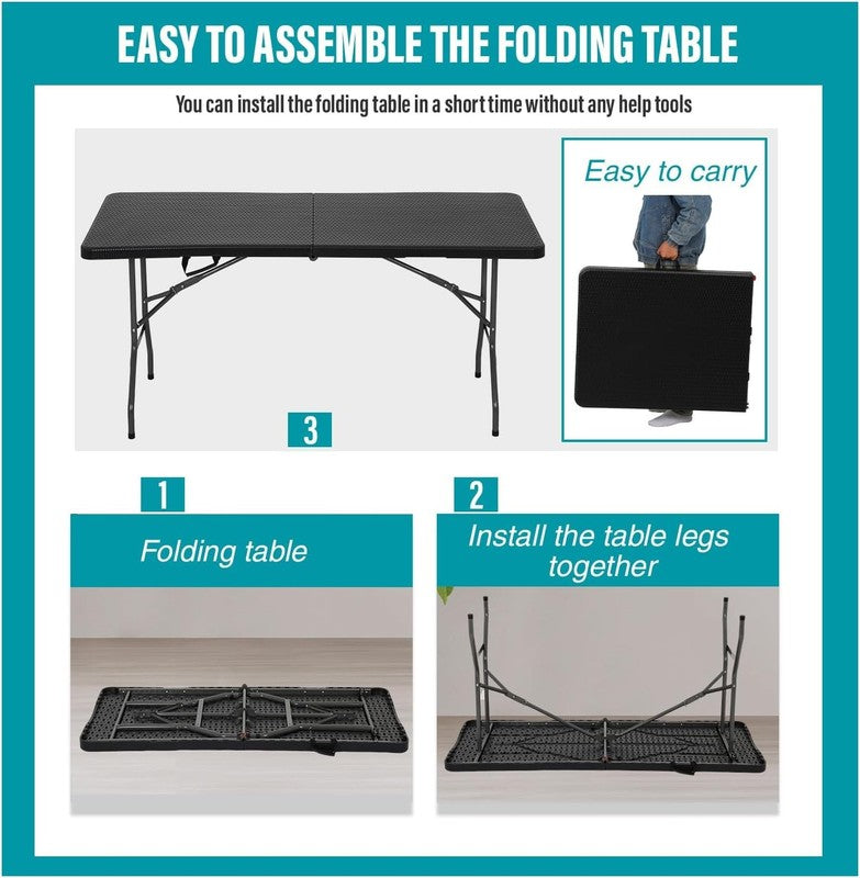 Folding Table Half Portable Foldable Table for Parties Backyard Events (Black Ra6