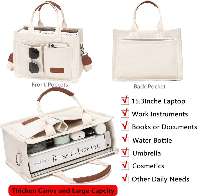 Women’s Canvas Tote Bag Large Shoulder Handbag w/ Compartments Work Laptop Bag1