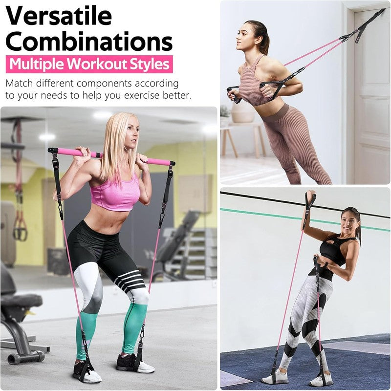 Pilates Bar Kit w/ Resistance Bands Adjustable Metal Buckle Full Body Pink5