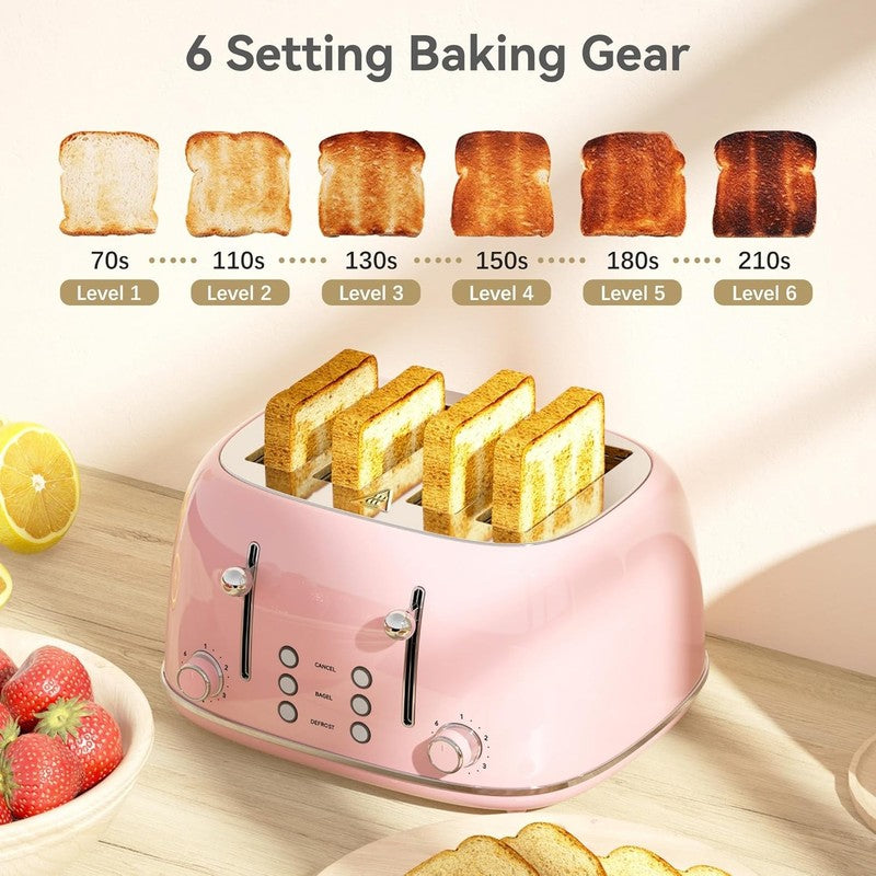 4-Slice Retro Toaster Pink 6 Shade Settings Cancel/Defrost/Reheat Wide Slots3