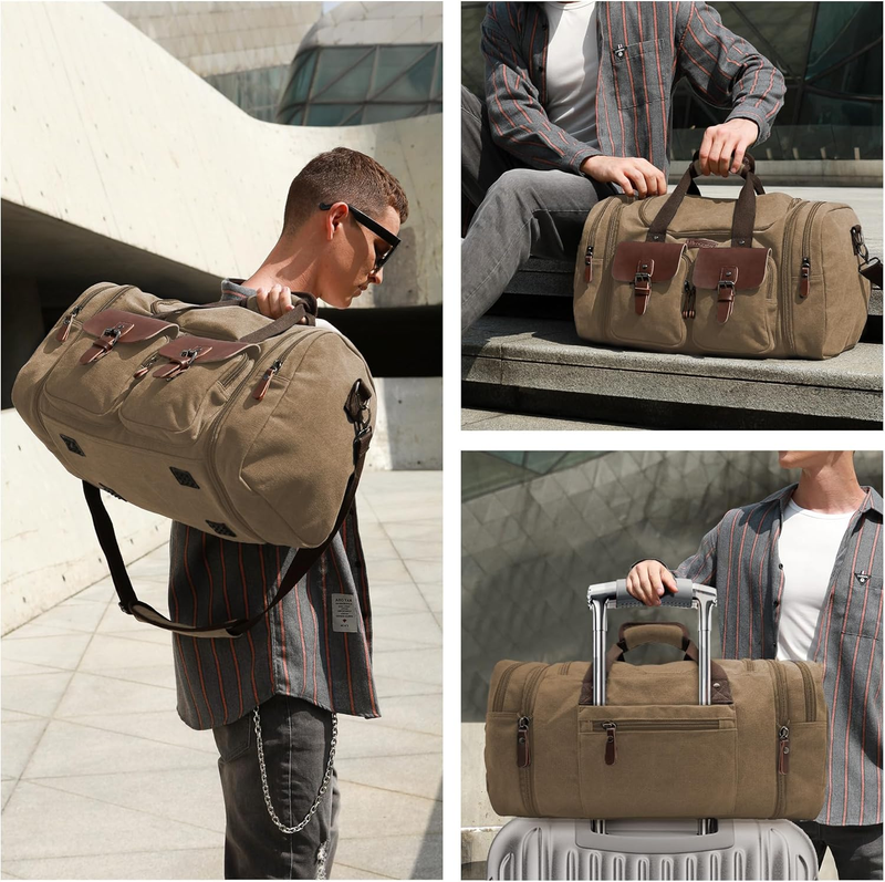 50L Expandable Travel Duffel Bag Canvas Leather Weekender Carry On Bag2