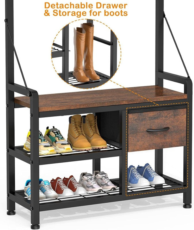 Hall Tree Entryway Bench with Coat Rack & Storage 5-in-1 Rustic Brown 31.5"2