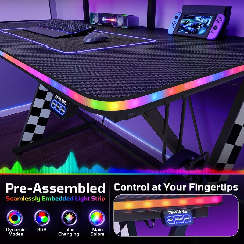 43" X-Shaped Gaming Desk Music Sync LED with Monitor Stand White Racing8