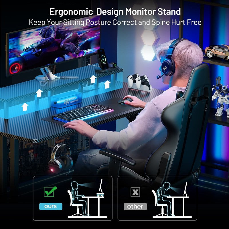 47" Gaming Desk w/ LED Lights & Power Outlet Computer Desk w/ Monitor Stand4