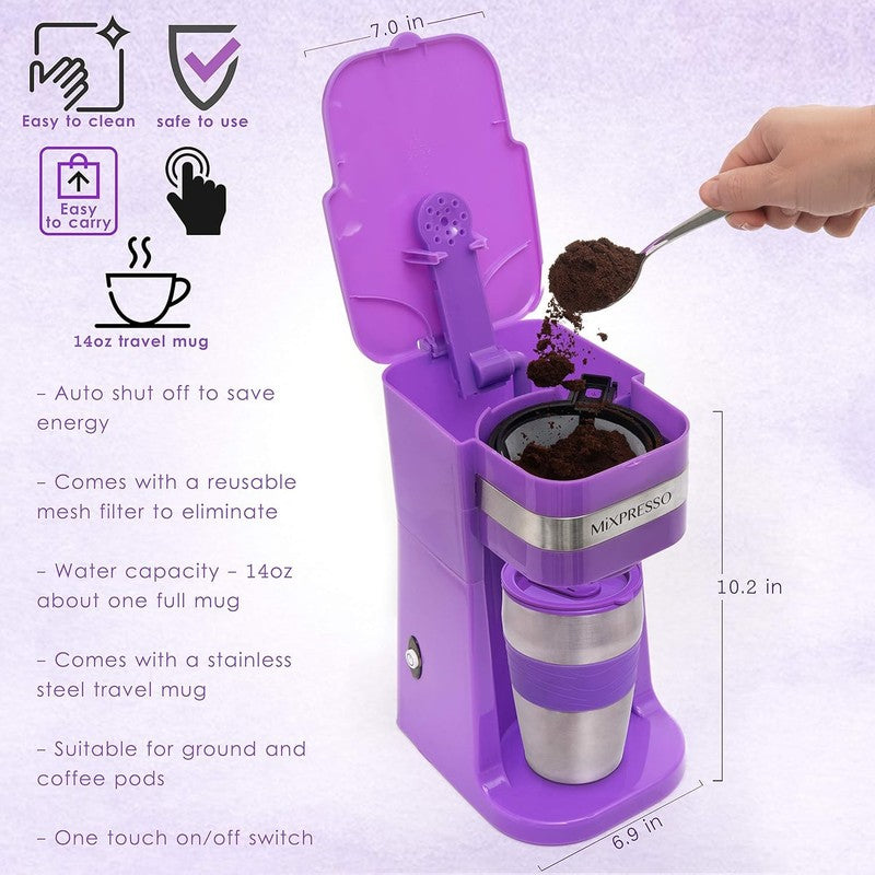 Purple Single Serve Coffee Maker with 14oz Travel Mug & Auto Shut Off8