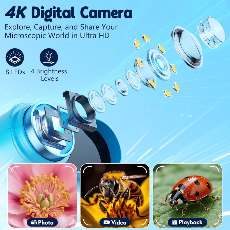 Kids 1000X Handheld Digital Microscope 4K 2.4" Display w/ 12 Slides – Blue2