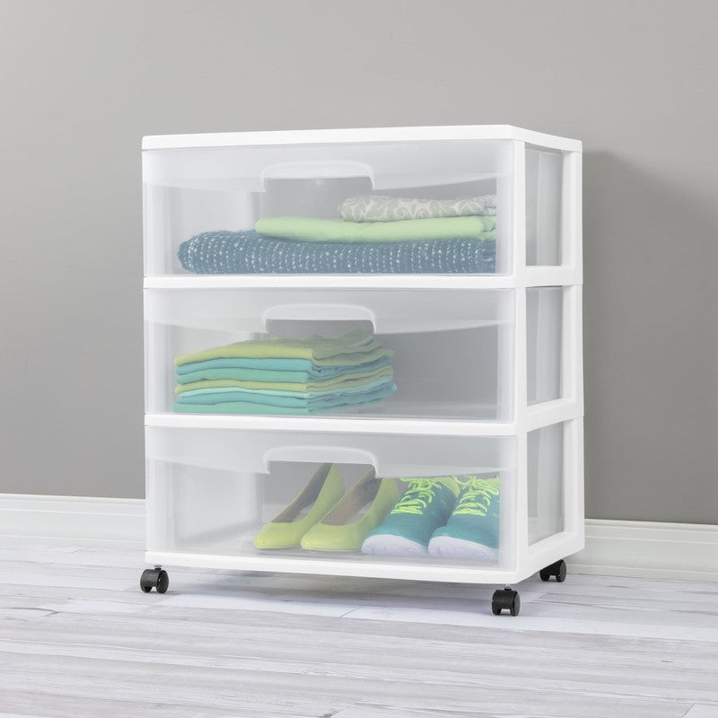 (2 Pack) Wide 3 Drawer Cart, Clear Plastic Storage Drawers, Wheels Included6