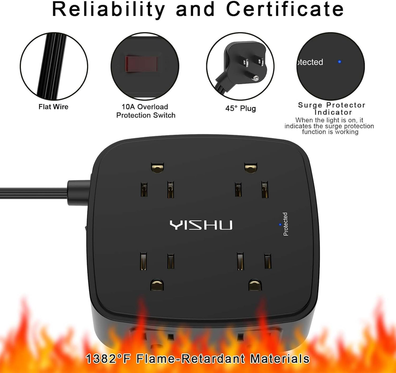 6FT Surge Protector Power Strip 8 Outlets 4 USB Ultra Flat Plug Black5