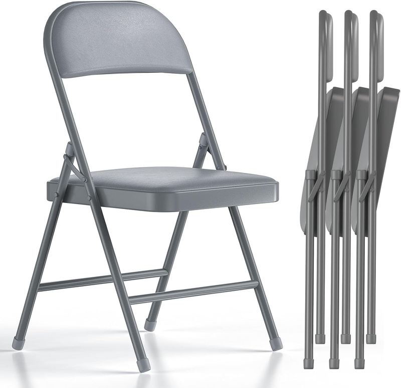 4 Pack Folding Chairs Grey Vinyl Padded Seat Steel Frame Indoor Outdoor0