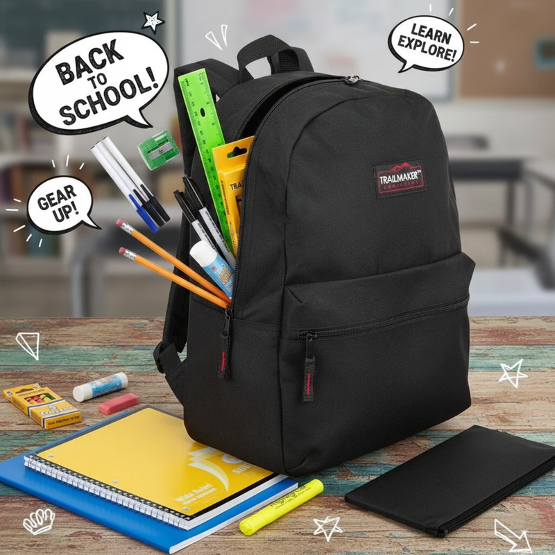 Black Classic Backpack 17" Dual Zipper School Travel Bag6