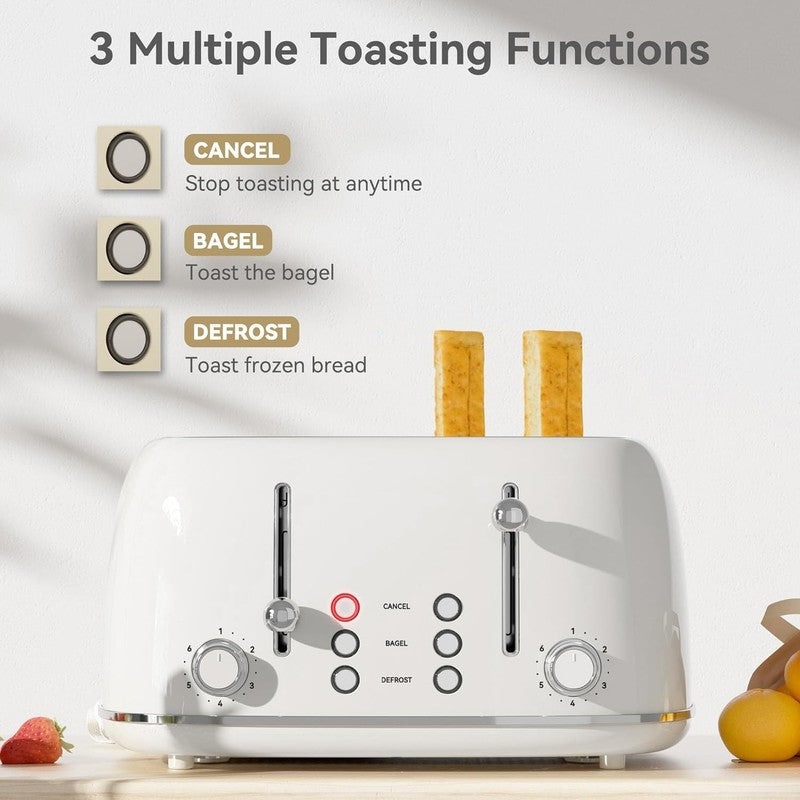 4-Slice Retro Toaster White 6 Shade Settings Cancel/Defrost/Reheat Wide Slots2