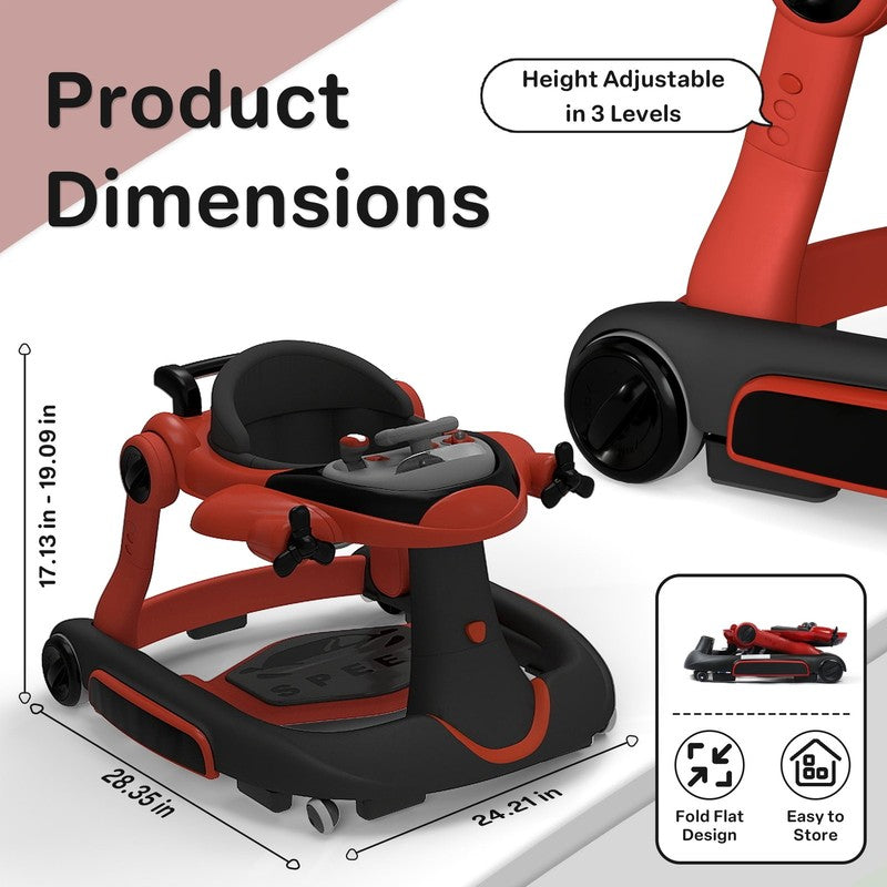5-In-1 Musical Baby Walker with Wheels, Foldable Baby Walker for Boys Girls, Red5