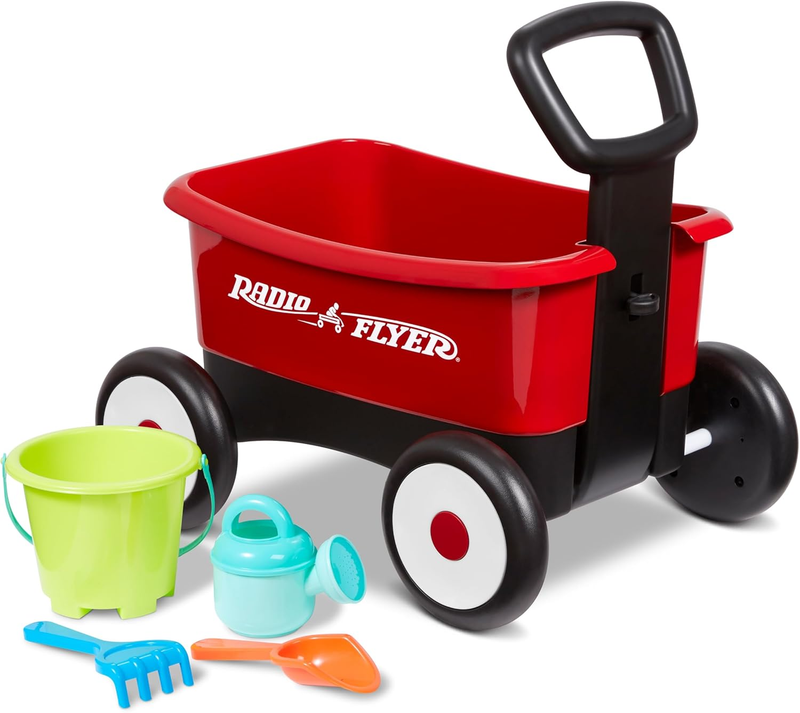 My 1st Wagon 2 in 1 Toddler Walker & Pull Wagon w/ Beach Garden Tools Red0