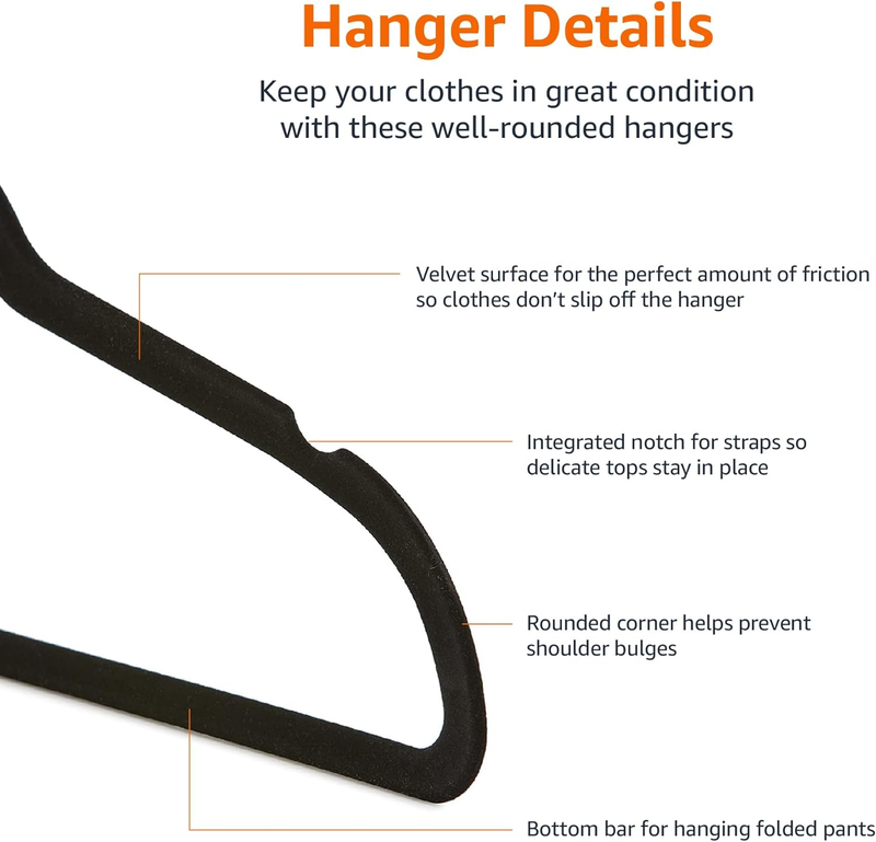 Slim, Velvet, Non Slip Suit Clothes Hangers, Pack of 50, Black3