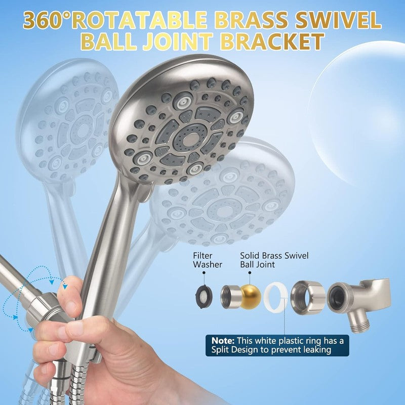 DAK 6-Mode High Pressure 5" Handheld Shower Head Brushed Nickel w/ 60" Hose4