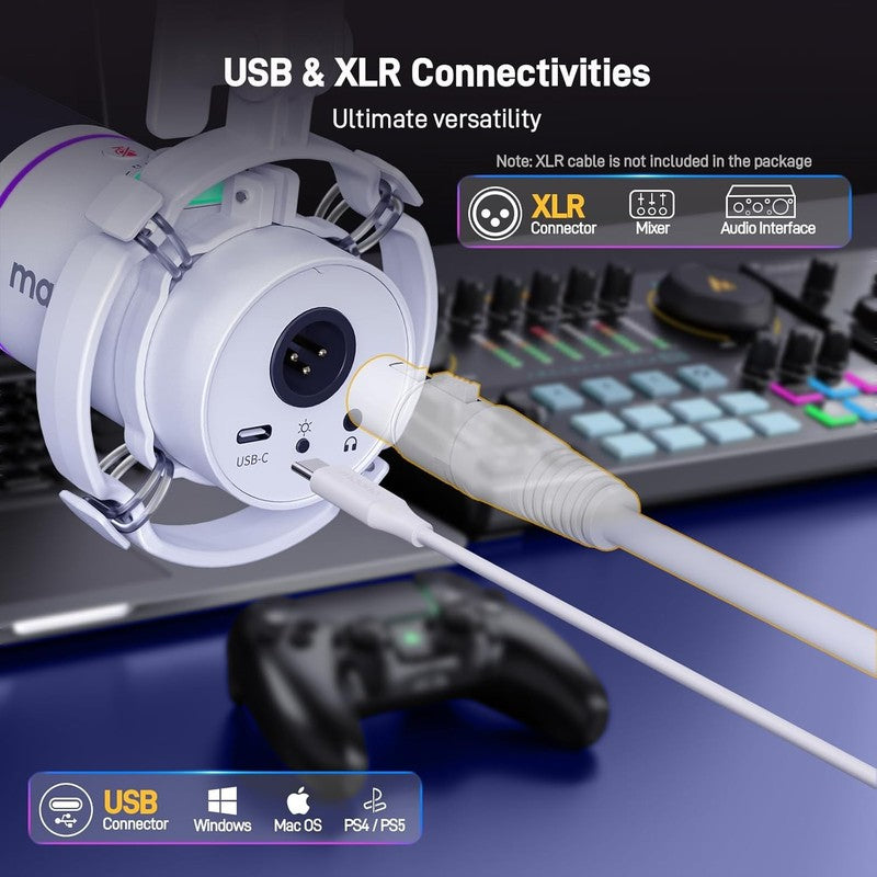 Dynamic RGB Microphone Kit XLR/USB with Boom Arm Mute Gain Control White2