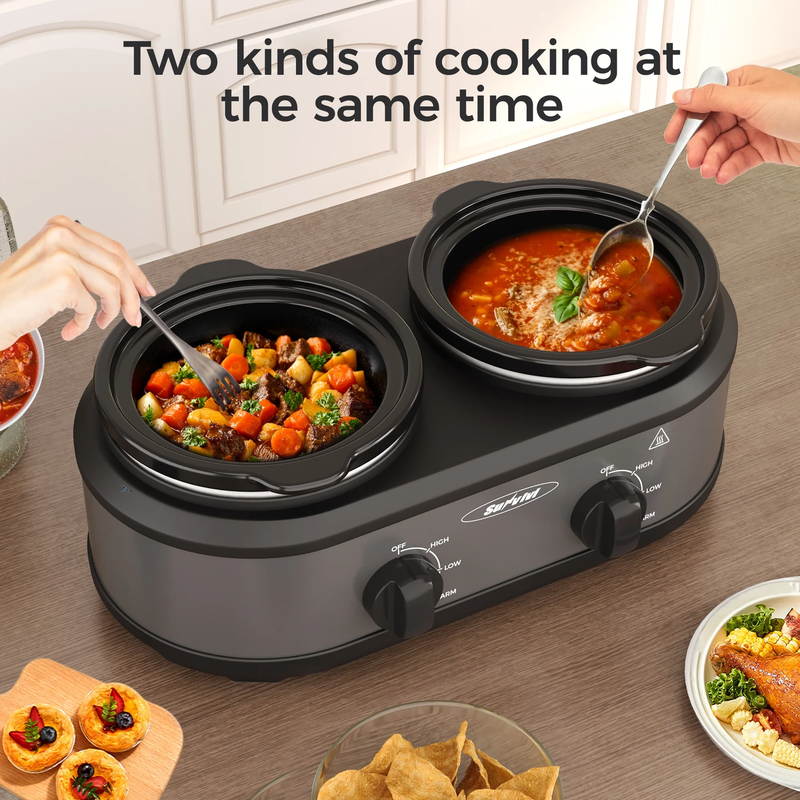 Small Double Slow Cooker, 2 Pot 1.25 Quart Oval Crock Food Warmer Buffet Server,3