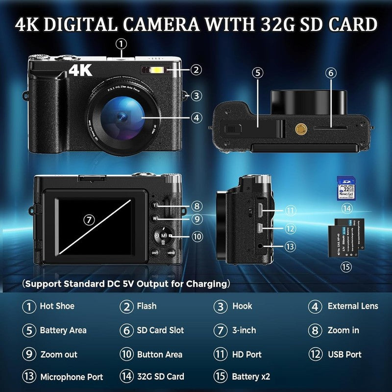 4K 48MP Digital Vlogging Camera Autofocus 16X Zoom +32GB SD Card4