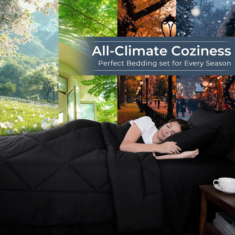 Black Queen Comforter Set 7 Piece Bed in a Bag Ultra Soft Shams Set Black2