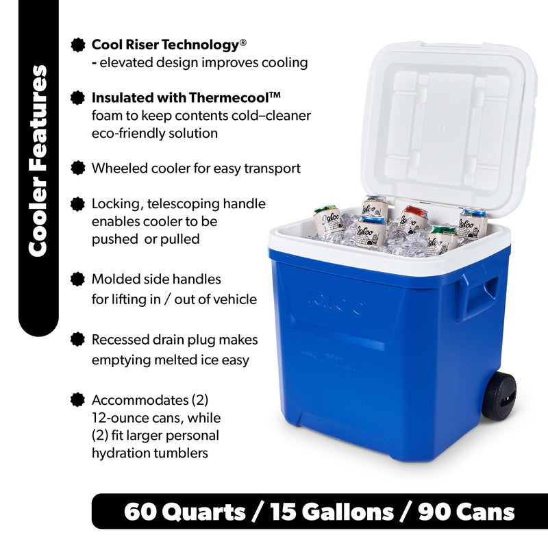 60 QT Laguna Ice Chest Cooler with Wheels, Blue1