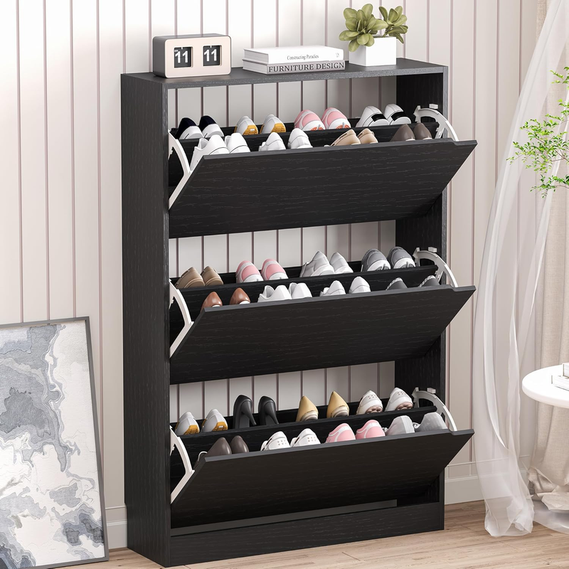 Shoe Storage Cabinet 3 Flip Drawers Narrow Rack Organizer Entryway Black10