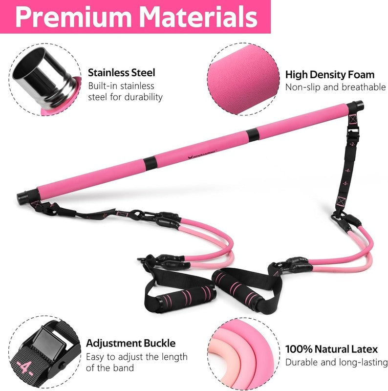 Pilates Bar Kit w/ Resistance Bands Adjustable Metal Buckle Full Body Pink1