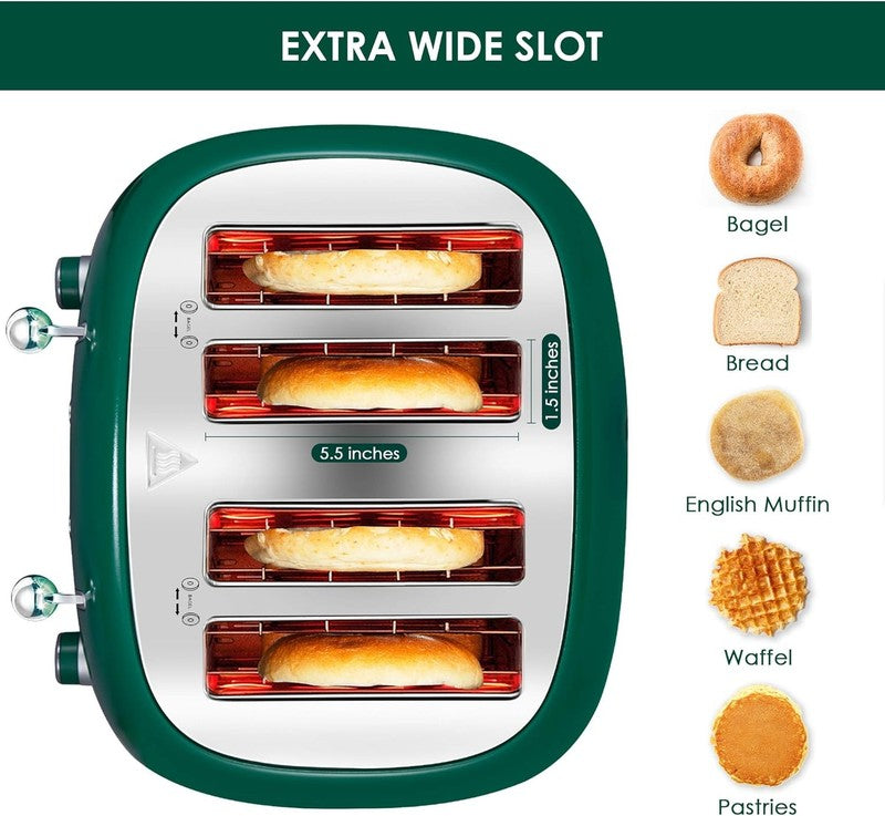 4 Slice Retro Toaster Green Stainless Steel Bagel Defrost Wide Slots2