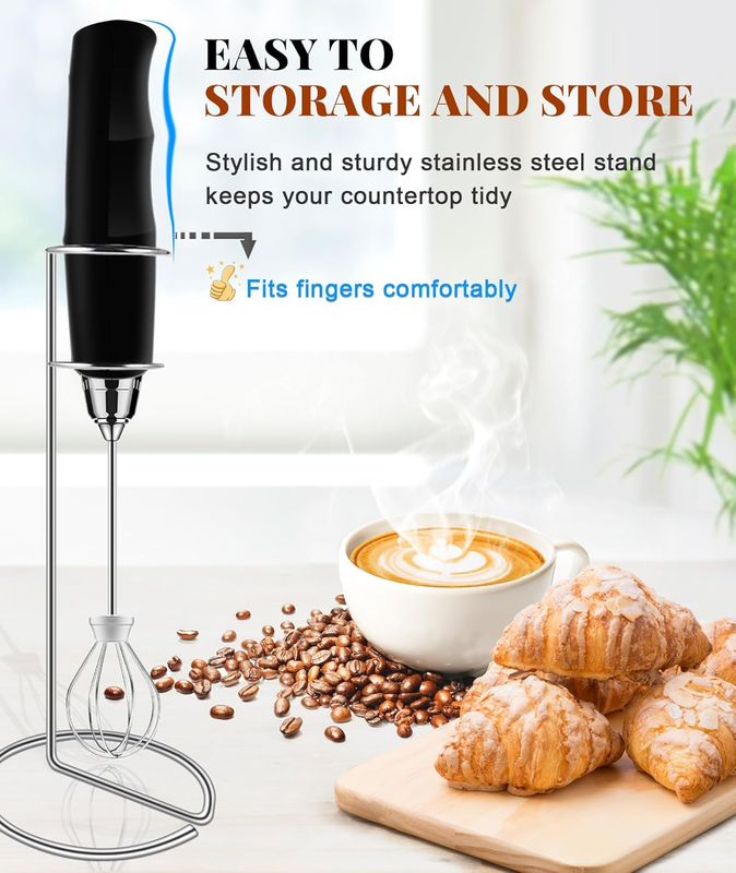 Milk Frother Handheld Rechargeable Coffee Mixer 3 Heads 3 Speeds Stand1