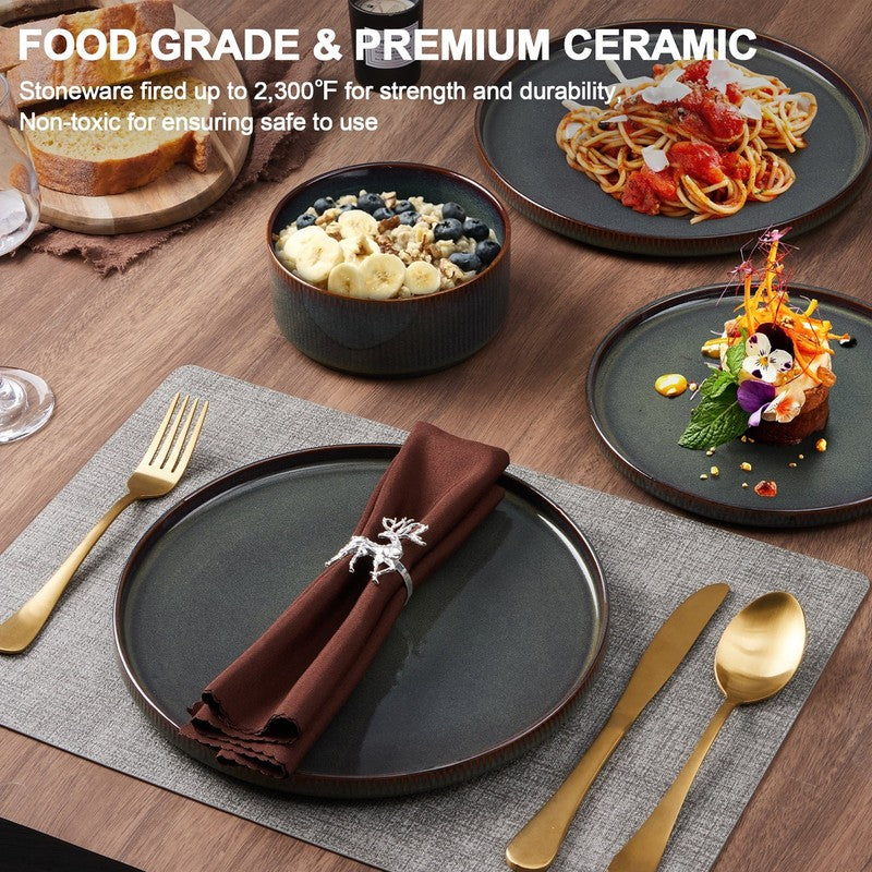 Dinnerware Set for 4, 12 Piece Stoneware Ribbed Dishes with Reactive Glaze, Cera1