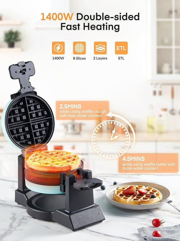 Double Belgian Waffle Maker 1400W Flip Iron Nonstick 8 Slice Mint Blue1