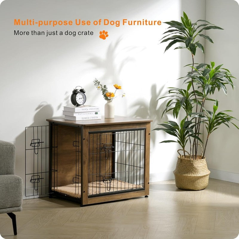 Dog Crate Furniture Table w/Cushion Wooden Kennel Double Door 27.2" Warm Brown7