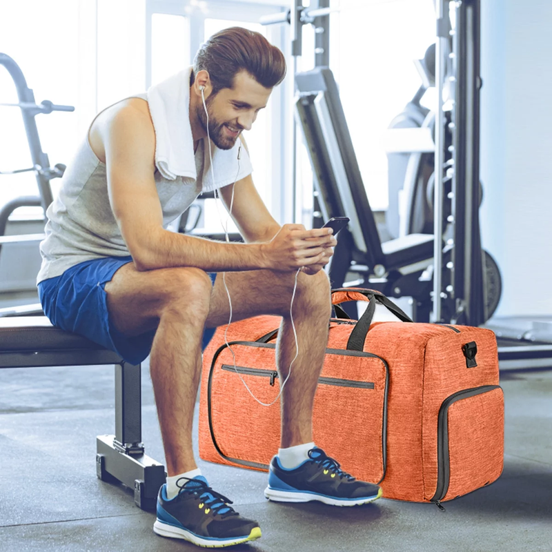 65L Foldable Travel Duffle Bag w/Shoe Compartment Water Repellent Orange6