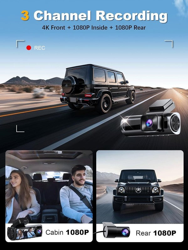 4K 3-Channel Dash Cam Front/Rear Inside GPS WiFi 64GB Card 3.18" IPS Screen1