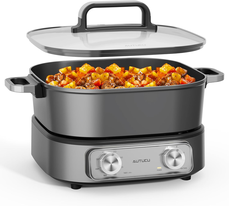 6QT Electric Skillet Nonstick Ceramic Hot Pot 1600W Timer 3 Power Settings0