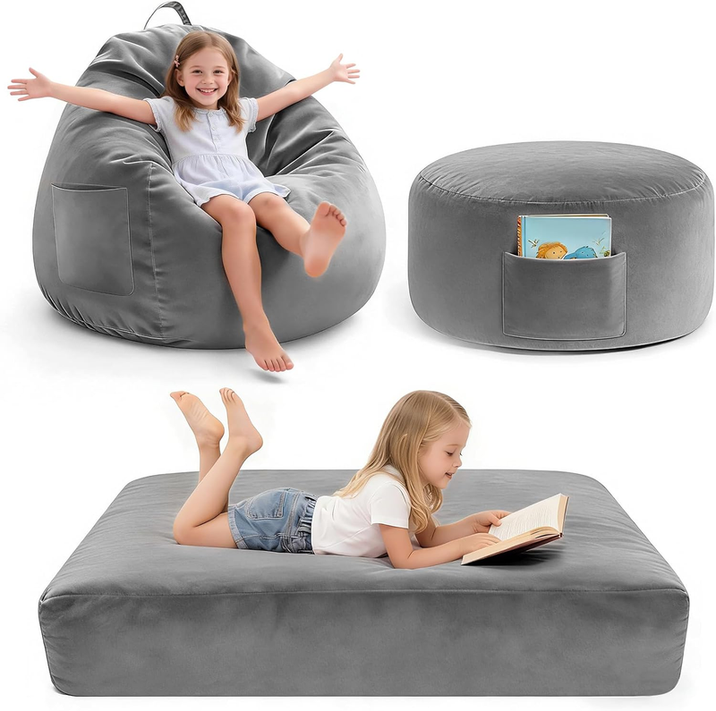 Kids Bean Bag Chair Bed Convertible Sofa Bed Corduroy Dark Grey9