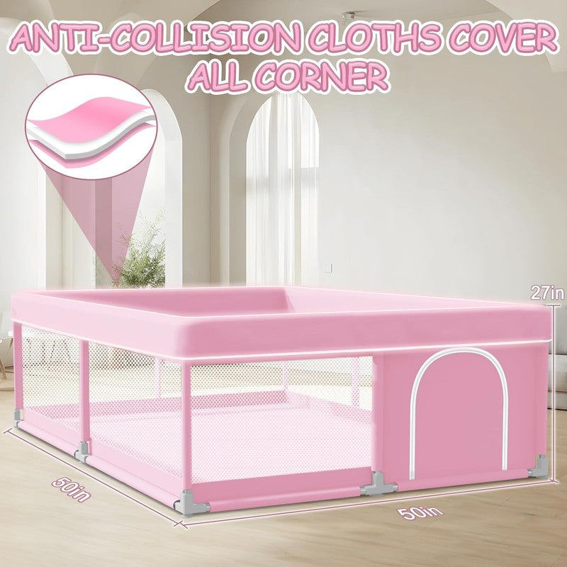 Pink Baby Playpen 50x50 Inch - Indoor/Outdoor Soft Mesh Play Yard for Toddlers1