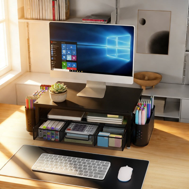 2 Tier Monitor Stand Riser with Drawer and Pen Holders, Desk Organizer and Acces1