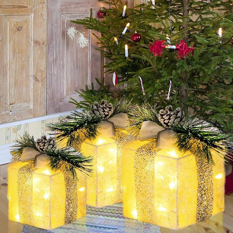 Set of 3 Christmas Lighted Gift Boxes, Pre-Lit 60 LED Light up Present Boxes Orn5