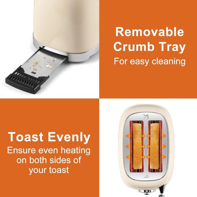 Cream Retro 2 Slice Toaster - Stainless Steel, Wide Slots, Bagel, 6 Settings5