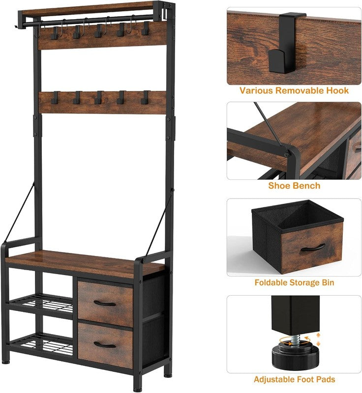 Hall Tree Entryway Bench with Coat Rack & Storage 5-in-1 Rustic Brown 31.5"5