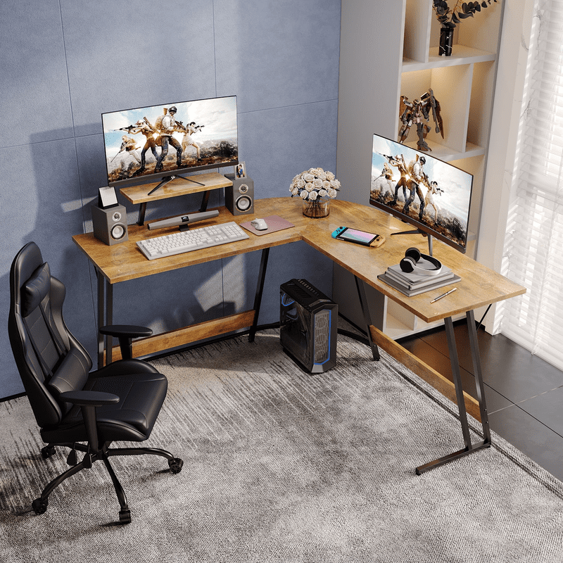 51" L-Shaped Gaming Desk Corner Office with Removable Monitor Riser Brown2