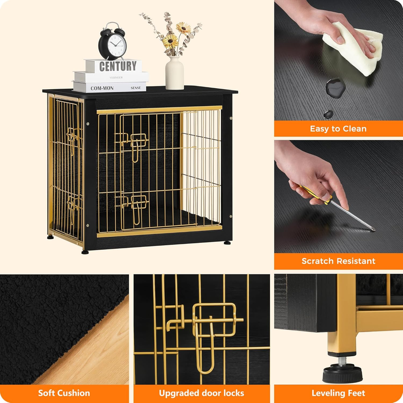 Dog Crate Furniture Table w/Cushion Wooden Kennel Double Door 27.2" Black/Gold6