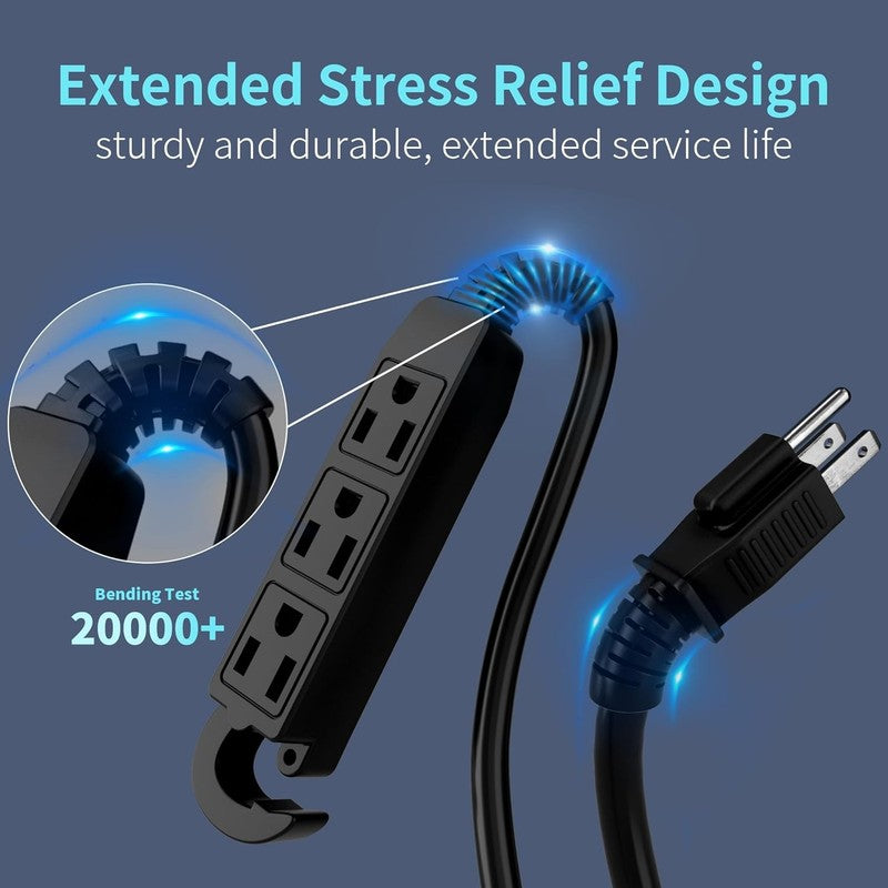 15FT 16/3 Outdoor Extension Cord 3 Outlet 3 Prong Black Waterproof ETL2
