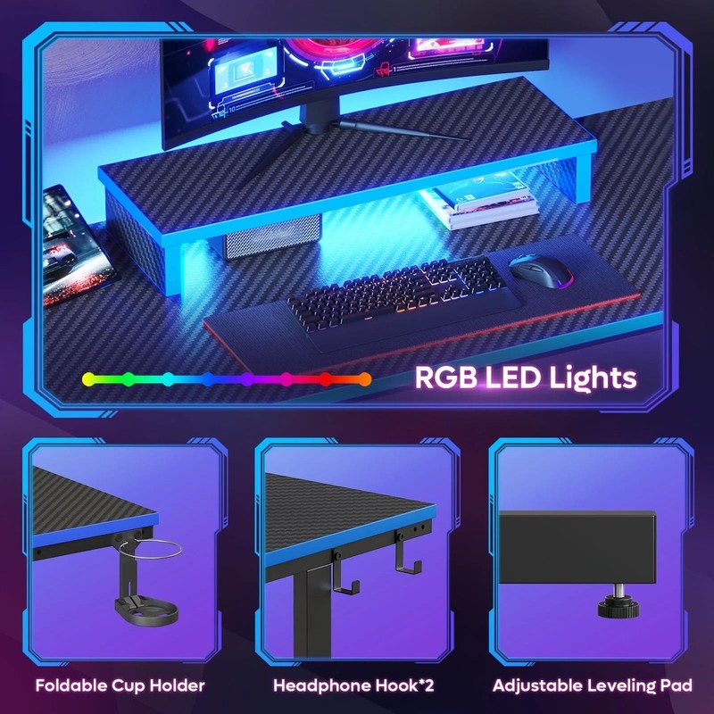 42" Gaming Desk PC Computer Table with LED Lights & Monitor Stand & Hook & Cup H3
