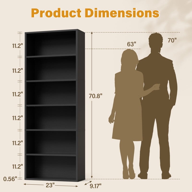 6-Shelf Standing Bookcase, Sturdy Storage for Home Office, Living Room,Black5