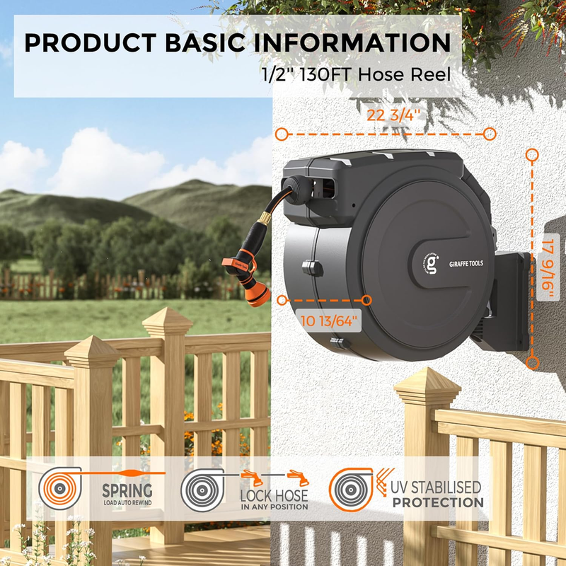 Retractable Garden Hose Reel 1/2 Inch X 130 Ft, Super Heavy Duty, Any Length Loc6