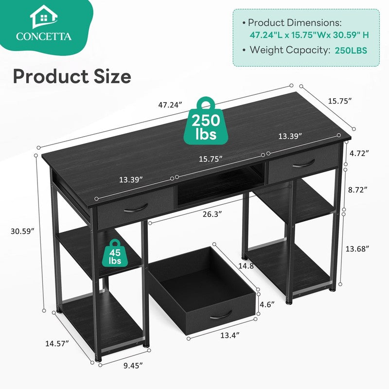 48" Small Desk w/ Fabric Drawers & Shelves Computer/Writing Desk Black3