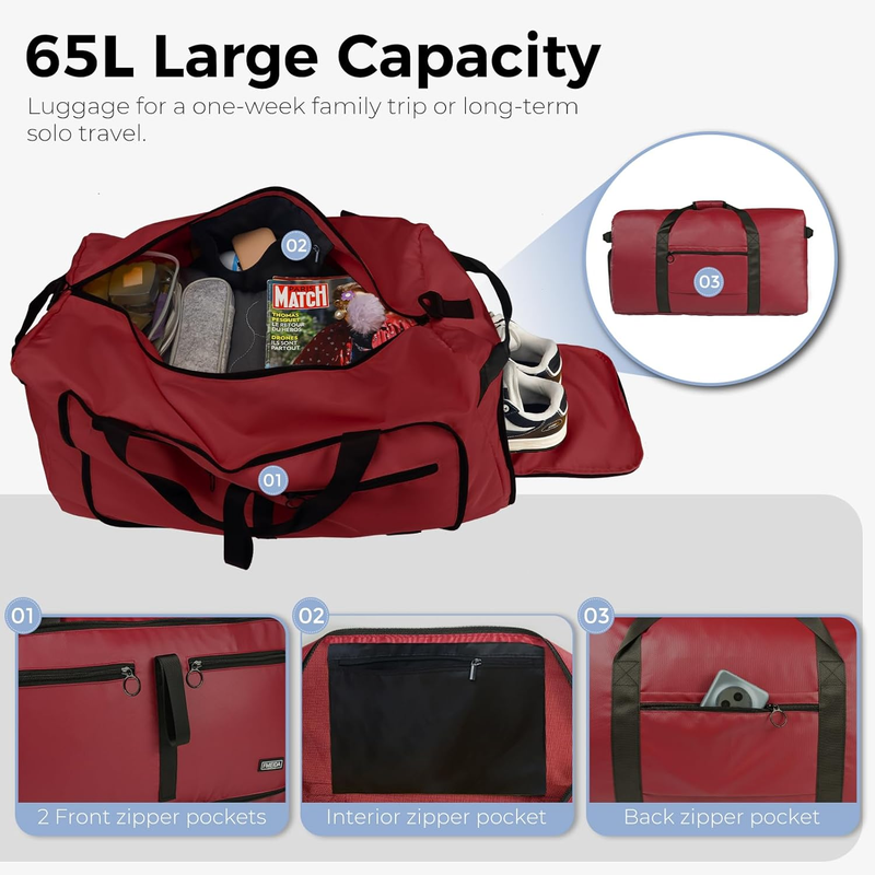65L Travel Duffel Bag Foldable w/ Shoe Compartment Water Resistant Gray3